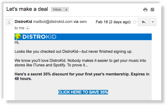 DistroKid coupon code email for 35% off