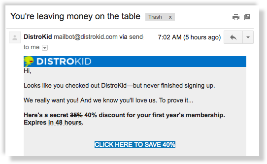 DistroKid coupon code email for 40% off