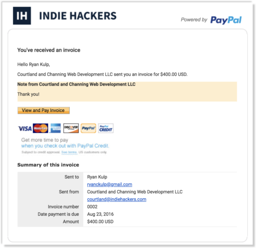 Fomo's Indie Hackers receipt