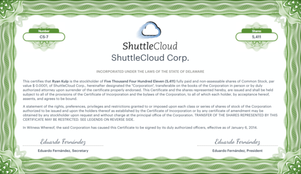 ShuttleCloud stock certificate